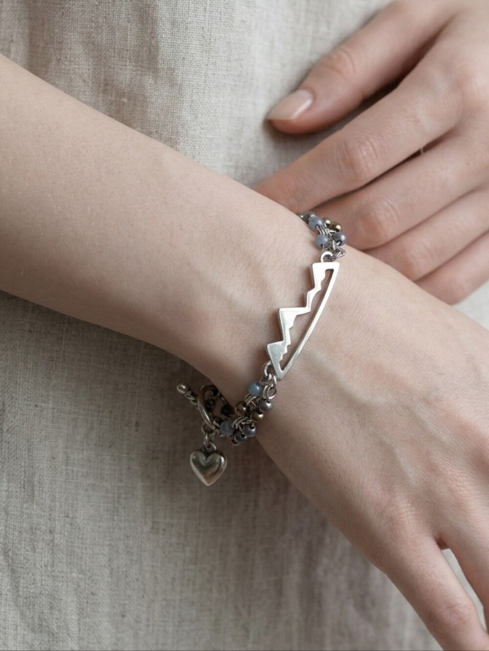 Handcrafted Boho Artisan Silver Mountain Range Beaded Charm Bracelet